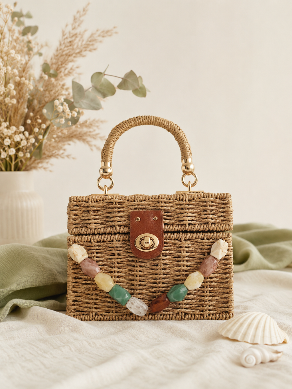 Sac Bohème Chic en Osier Perlé – Édition Nature