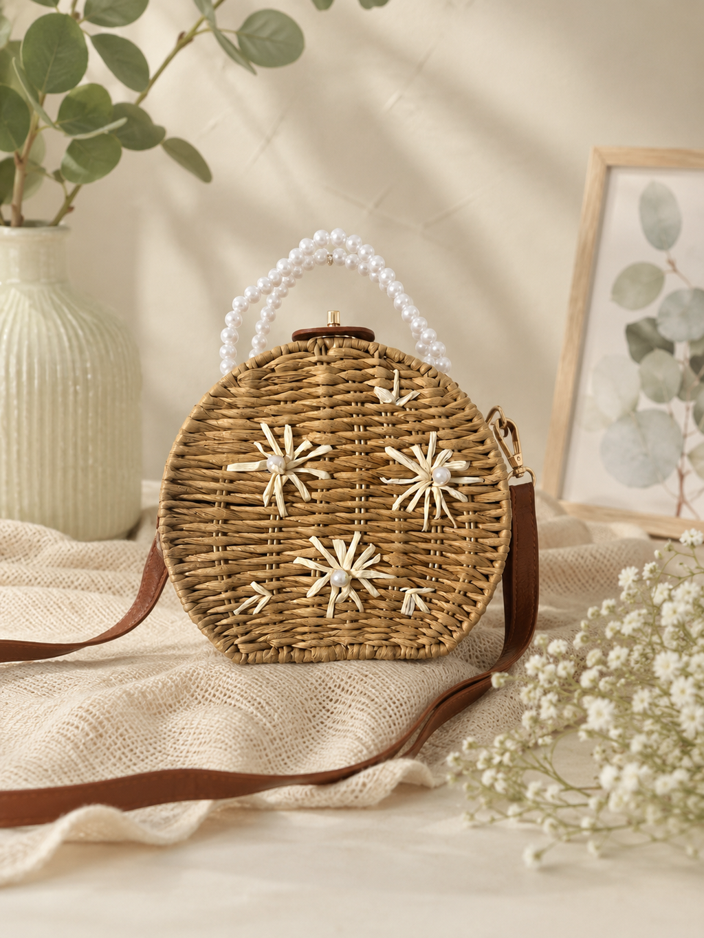 Sac Luna Perle – Osier Tressé & Fleurs Artisanales