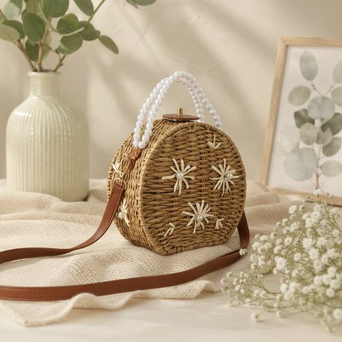 Sac Luna Perle – Osier Tressé & Fleurs Artisanales