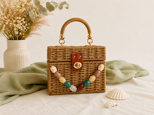 Sac Bohème Chic en Osier Perlé – Édition Nature